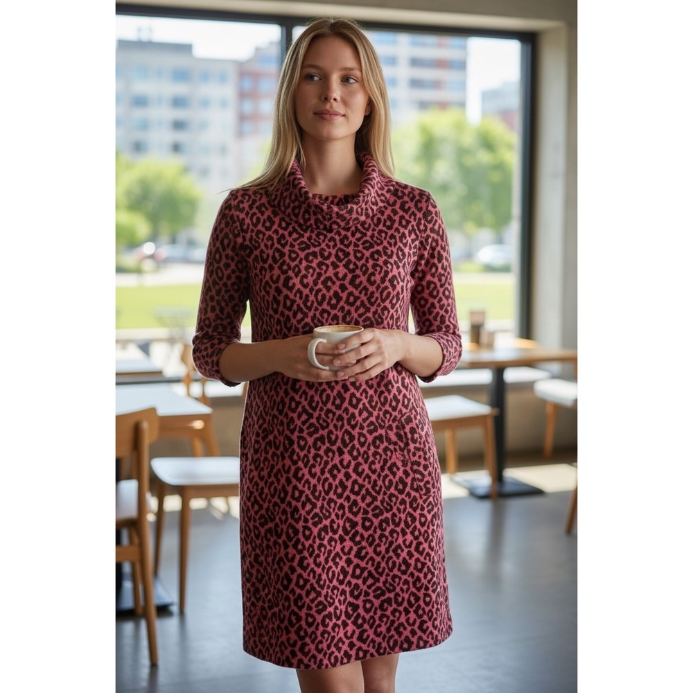 Tyler Boe Pink Leopard Print Cowl Neck Jacquard Knit Shift Dress Womens Small